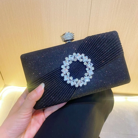 Pochette Da Sera Di Lusso Con Poliestere Glitterato E Fibbia In Strass Per Matrimonio Festa Borsa A Mano Rigida Pieghettata Con Tracolla A Catena