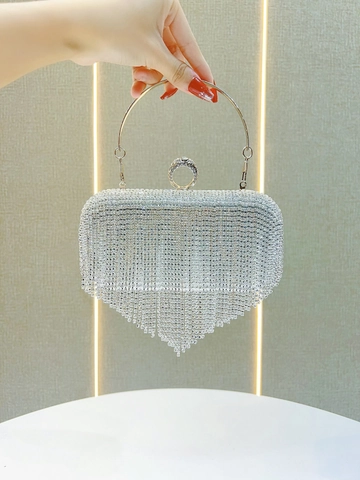 Pochette Da Sera Di Lusso Con Strass E Frange Manico Ad Anello Tracolla A Catena Per Matrimonio Festa Banchetto