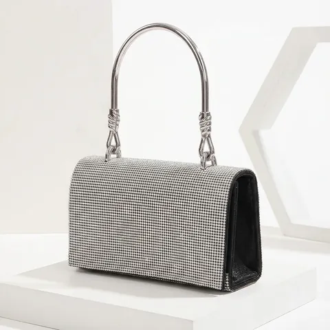 Rhinestone Evening Clutch Bag With Metal Ring Handle And Chain Strap Glitter Handbag For Party Wedding Women