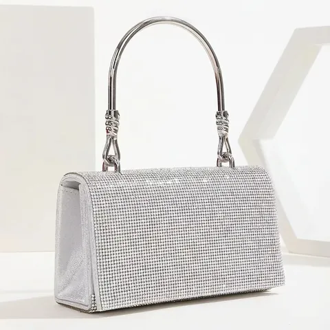 Rhinestone Evening Clutch Bag With Metal Ring Handle And Chain Strap Glitter Handbag For Party Wedding Women