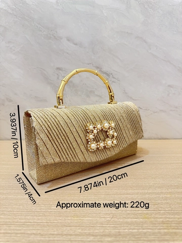 Women Evening Bag Sequin Pleated Handbag With Bamboo Metal Handle Artificial Pearl Rhinestone Buckle Wedding Party Banquet Clutch