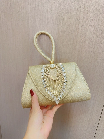 Women Evening Clutch Bag Gold Glitter Rhinestone Heart Decoration Wedding Party Handbag With Detachable Chain Strap