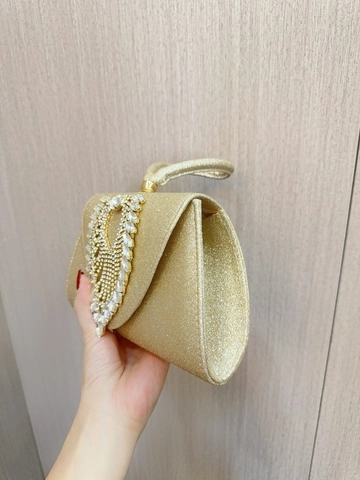 Women Evening Clutch Bag Gold Glitter Rhinestone Heart Decoration Wedding Party Handbag With Detachable Chain Strap