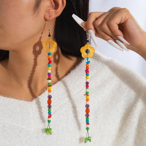 Orecchini Pendenti Con Nappe E Fiori Di Perline Colorate Stile Bohemien Lungo Etnico In Resina Per Donna