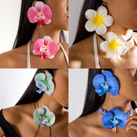 Realistic Orchid Frangipani Flower Necklace And Earrings Choker Bohemian Tropical Vacation Style Floral Accessory For Women