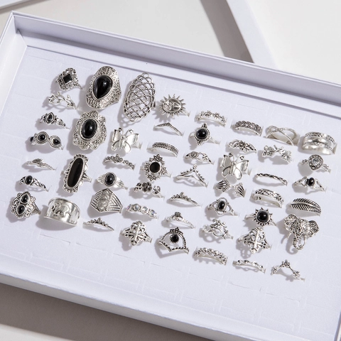 Bohemian Retro Silver Color Alloy Rings Vintage Butterfly Elephant Hollow Flower Inlaid Black Rhinestone Mixed Designs Ethnic Style