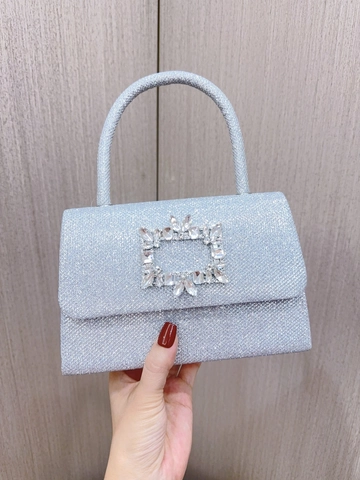 Women Silver Sequin Evening Bag With Sparkling Square Crystal Buckle Top Handle Clutch Crossbody Purse For Wedding Party
