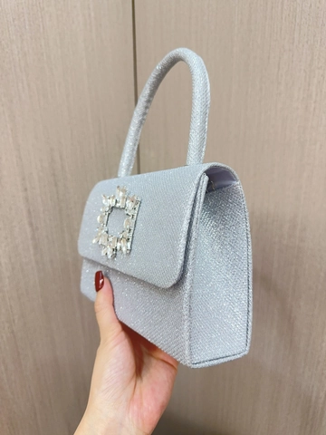 Women Silver Sequin Evening Bag With Sparkling Square Crystal Buckle Top Handle Clutch Crossbody Purse For Wedding Party