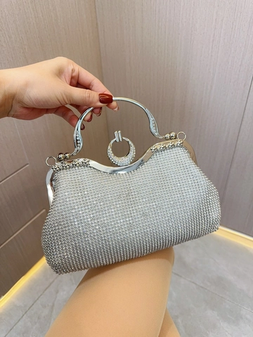 Sac de Soirée Luxe Femme Strass Argent Forme Coquille Poignée Métal Sac à Main Avec Bandoulière Chaîne Pour Mariage