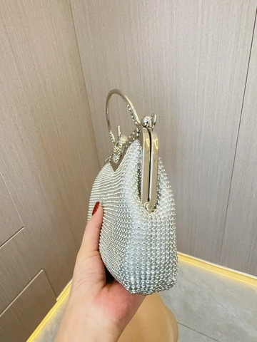 Sac de Soirée Luxe Femme Strass Argent Forme Coquille Poignée Métal Sac à Main Avec Bandoulière Chaîne Pour Mariage