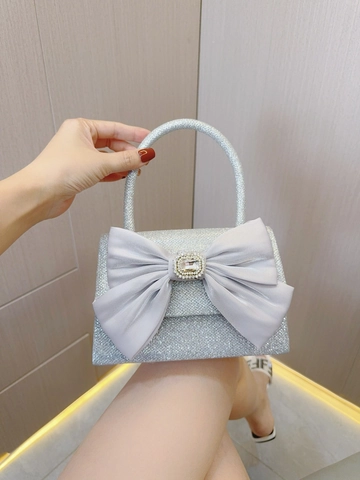 Glitter Evening Bag With Large Satin Bow Rhinestone Shimmer Handbag For Wedding Party Prom Women