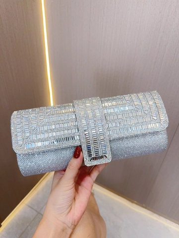 Rhinestone Evening Clutch Bag Glitter Rectangular Handbag With Detachable Chain Strap For Women Wedding Party Elegant