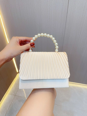 Pleated Evening Bag With Artificial Pearl Handle Satin Clutch Handbag For Wedding Party Banquet Elegant For Women