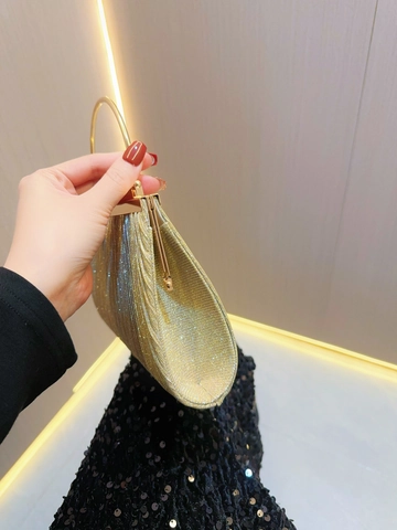 Women Pleated Evening Clutch Bag Metallic Shiny Polyester With Metal Ring Handle For Party Wedding Banquet