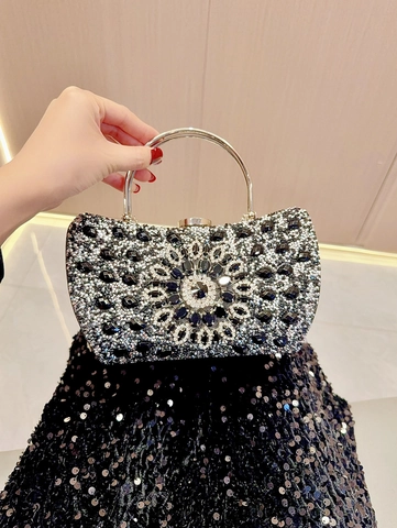 Women Luxury Rhinestone Evening Clutch Bag Full Diamond Sunburst Pattern Box Handbag Metal Ring Handle With Chain Strap