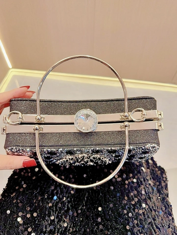 Women Luxury Rhinestone Evening Clutch Bag Full Diamond Sunburst Pattern Box Handbag Metal Ring Handle With Chain Strap