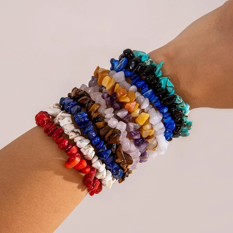 Pulsera De Chips De Piedra Natural Gema Irregular Elástica Hecha A Mano Bohemio Vintage Joyería Para Mujeres Hombres