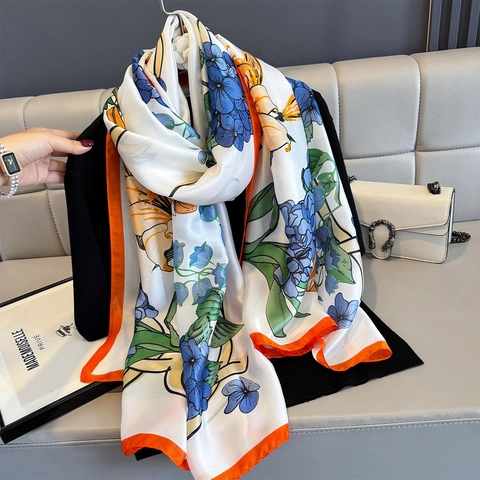 Floral Print Long Scarf Shawl Elegant Faux Satin Satin Lightweight Soft Retro Versatile Large Wrap For Women