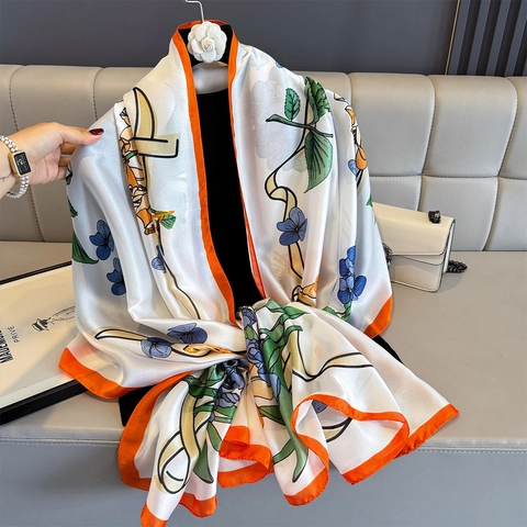 Floral Print Long Scarf Shawl Elegant Faux Satin Satin Lightweight Soft Retro Versatile Large Wrap For Women