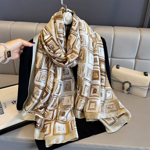 Elegant Geometric Print Satin Scarf Large Shawl For Women Versatile Sun Protection Windproof Thin Silk Like Fashion Wrap Scarf