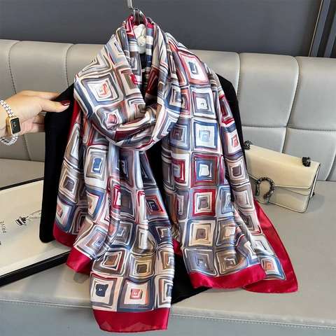 Elegant Geometric Print Satin Scarf Large Shawl For Women Versatile Sun Protection Windproof Thin Silk Like Fashion Wrap Scarf