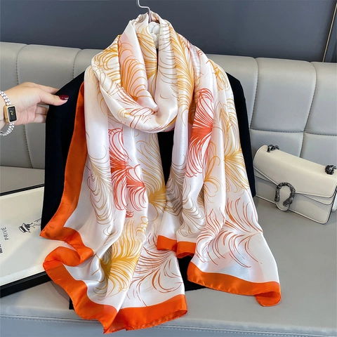 Elegant Feather Print Scarf Shawl Polyester Faux Satin Thin Breathable Sun Protection Travel Wrap For Women