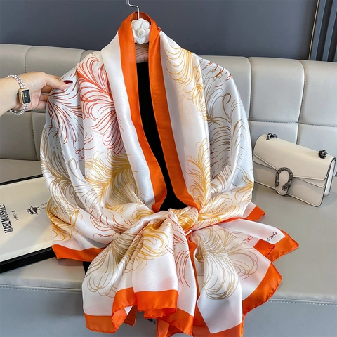 Elegant Feather Print Scarf Shawl Polyester Faux Satin Thin Breathable Sun Protection Travel Wrap For Women