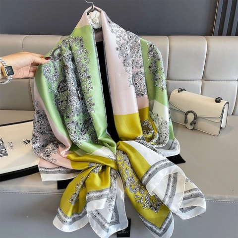 Pañuelo Chal Estampado Paisley Para Mujer Grande Elegante Bloques De Color Floral Satén Sintética Accesorio De Moda
