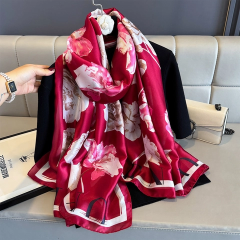 Damen Retro Schal Mit Blumendruck Lange Stola Satin Polyester Leicht Elegant Halstuch Zubehör