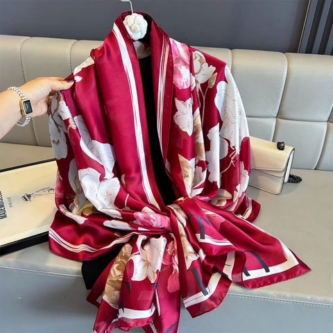 Damen Retro Schal Mit Blumendruck Lange Stola Satin Polyester Leicht Elegant Halstuch Zubehör