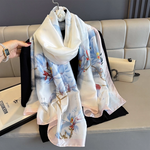Sciarpa Lunga In Raso Di Raso Scialle Stampa Floreale Protezione Solare Elegante Leggera Traspirante Avvolgente Donna