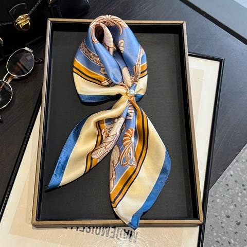 Mulberry Satin Square Scarf Neckerchief With Artificial Pearl Buckle Printed Ribbon Bow Shell Pattern For Women Elegant Decoration