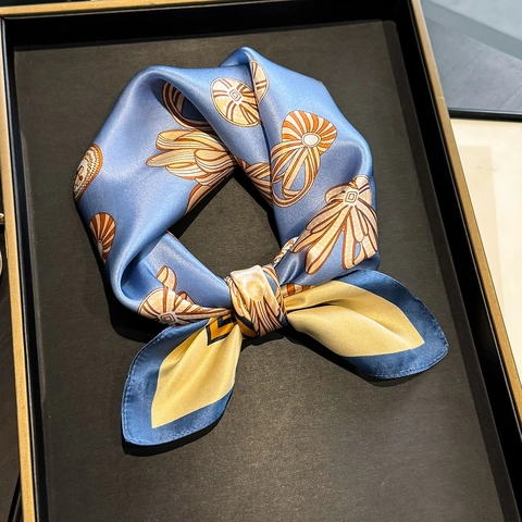 Mulberry Satin Square Scarf Neckerchief With Artificial Pearl Buckle Printed Ribbon Bow Shell Pattern For Women Elegant Decoration