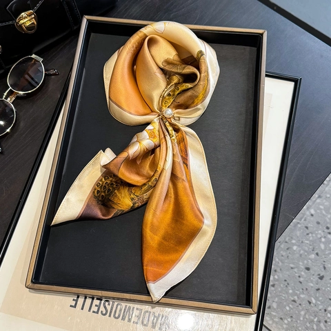 Square Satin Scarf Mulberry Satin Lotus Floral Print Vintage Elegant Neck Kerchief For Women Office Accessories