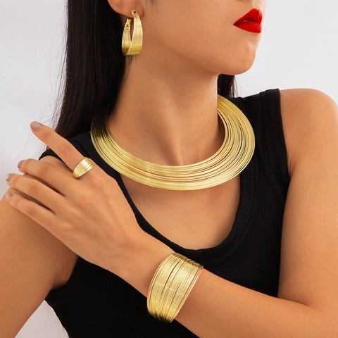 Mode Meerlagige Draad Metalen Choker Open Manchet Armband Oorbellen Ring Punk Stijl Geometrische Sieraden Voor Dames