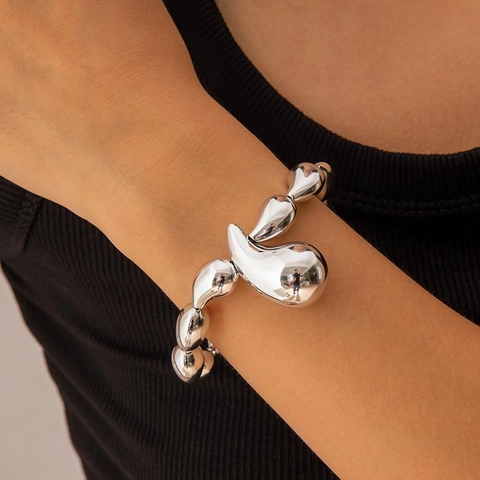 Bracciale Perline Argentato CCB Teardrop Goccia Acqua Elastico Estetica Metallo Liquido Accessorio Moda Uomo Donna
