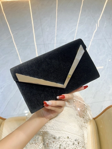 Bolso De Noche Elegante De Terciopelo Para Mujer Con Decoración Metálica En V Cadena Desmontable Para Boda
