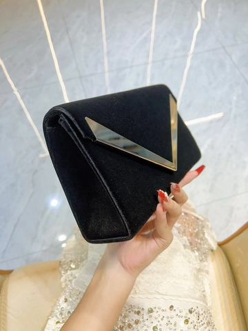 Bolso De Noche Elegante De Terciopelo Para Mujer Con Decoración Metálica En V Cadena Desmontable Para Boda