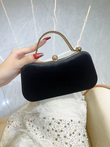 Elegante Borsa da Sera in Velluto Nero da Donna Con Manico in Metallo Oro Chiusura in Strass Vintage Banchetto Matrimonio Pochette