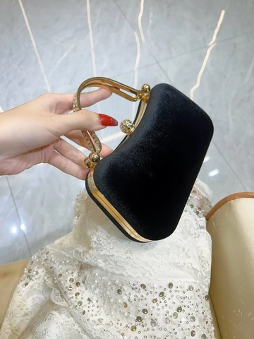 Elegante Borsa da Sera in Velluto Nero da Donna Con Manico in Metallo Oro Chiusura in Strass Vintage Banchetto Matrimonio Pochette