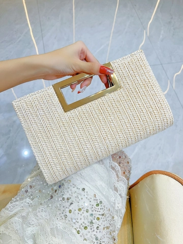Mode Gewebte Stroh Clutch Tasche Mit Metallgriff Und Abnehmbarem Kettenriemen Elegante Abendtasche Für Damen Sommerurlaub
