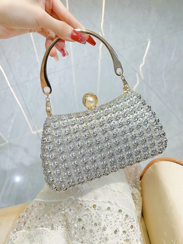 Pochette Da Sera Di Lusso Paillettes Strass Elegante Borsa Da Festa Manico In Metallo Chiusura A Perla Artificial Catena Rimovibile Donna