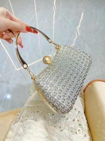 Pochette Da Sera Di Lusso Paillettes Strass Elegante Borsa Da Festa Manico In Metallo Chiusura A Perla Artificial Catena Rimovibile Donna