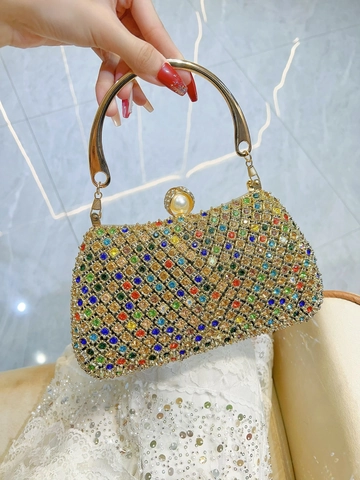 Borsa da Sera Lussuosa con Strass da Donna Chiusura con Perla Artificial Sintetica Manico in Metallo Pochette con Catena Rimovibile