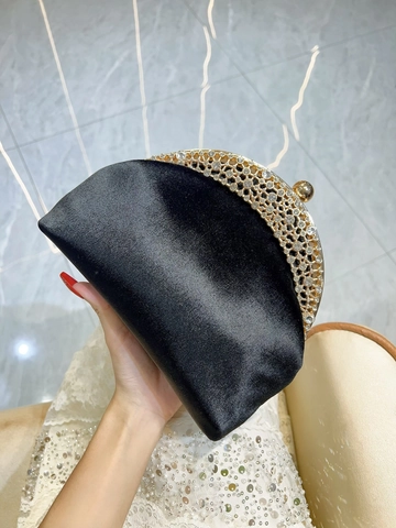 Luxury Women Satin Evening Bag Rhinestone Metal Frame Clutch Bag With Chain Strap For Wedding Banquet Party Lady Purse