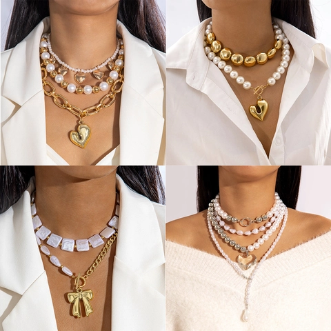 Collar de Letras CCB de Moda Europea y Americana Hecho a Mano de Perlas de Imitación Lazo Multicapa en Forma de Y Collar para Mujer Joyería