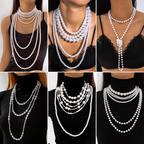 Collana Vintage Multistrato di Künstliche Perle di Imitazione per Donna Elegante Girocollo Geometrico in Perline Gioielli Lunghi per Matrimonio Festa