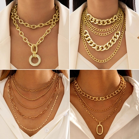 Exaggerated Chunky Chain Multilayer Necklace Alloy Aluminum Gold Silver Plated Punk Statement Pendant Necklaces For Women Fashion Jewelry