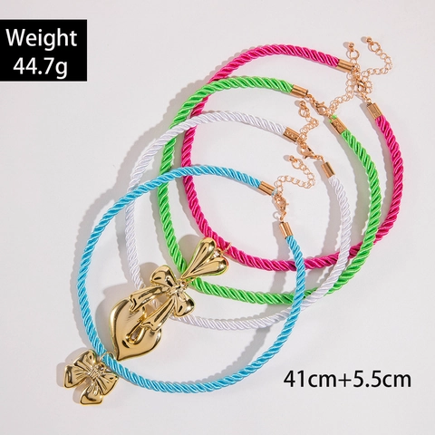 Colorful Braided Cord Necklace Alloy Gold Plated Heart Bowknot Pendants Fashion Simple Jewelry For Women