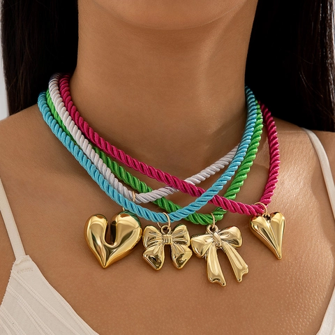 Colorful Braided Cord Necklace Alloy Gold Plated Heart Bowknot Pendants Fashion Simple Jewelry For Women